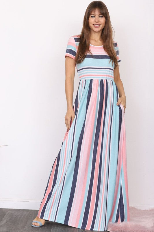 Short Sleeve Stripe Maxi Dress