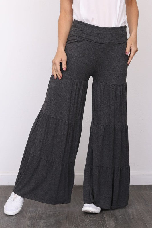 Solid Jersey Fabric Tiered Wide Leg Pants