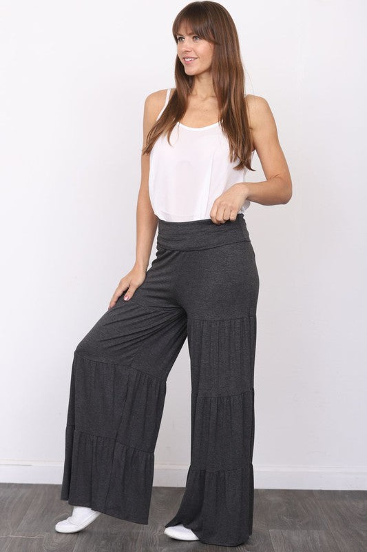 Solid Jersey Fabric Tiered Wide Leg Pants