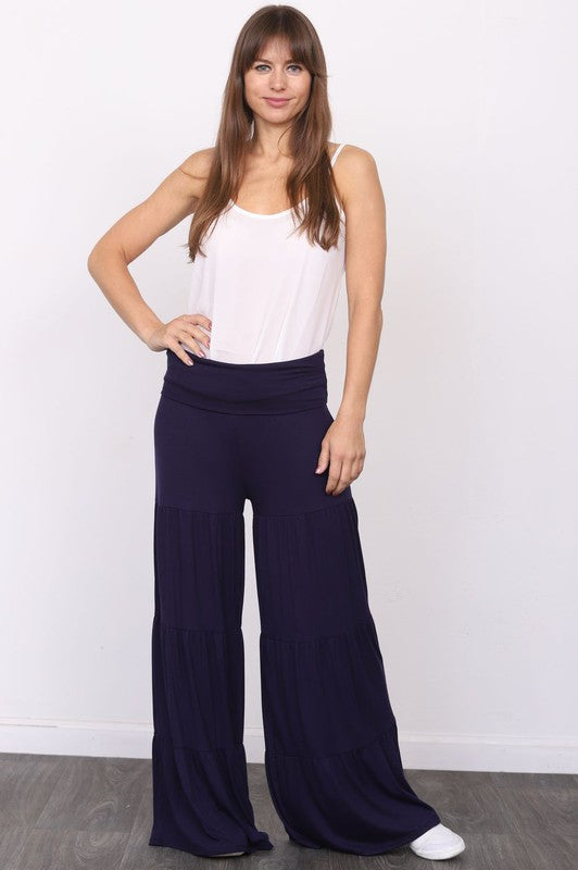 Solid Jersey Fabric Tiered Wide Leg Pants