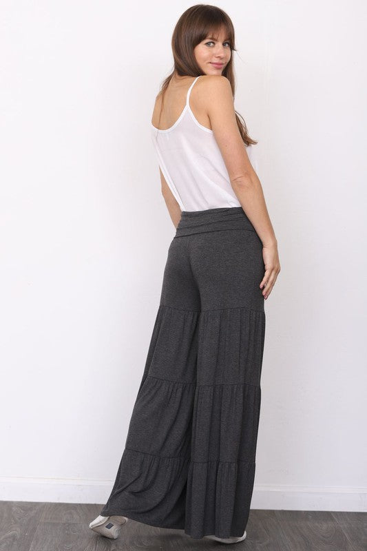 Solid Jersey Fabric Tiered Wide Leg Pants