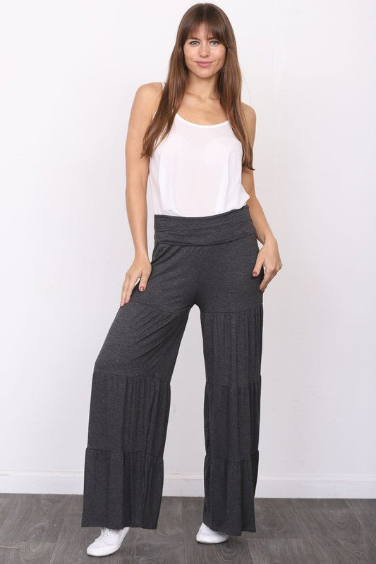 Solid Jersey Fabric Tiered Wide Leg Pants