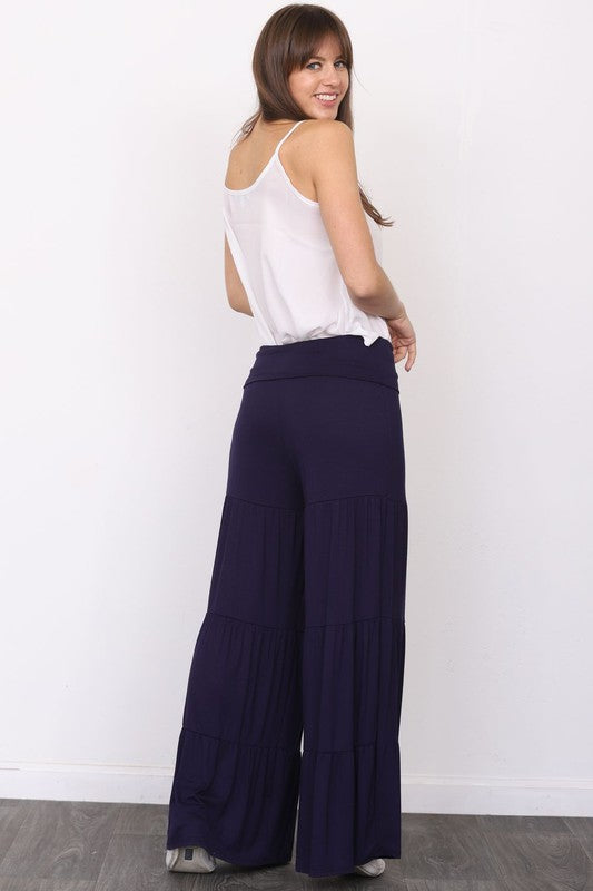 Solid Jersey Fabric Tiered Wide Leg Pants