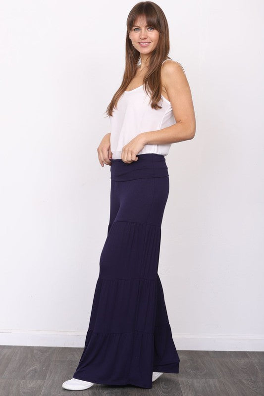 Solid Jersey Fabric Tiered Wide Leg Pants