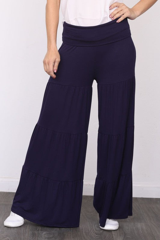 Solid Jersey Fabric Tiered Wide Leg Pants