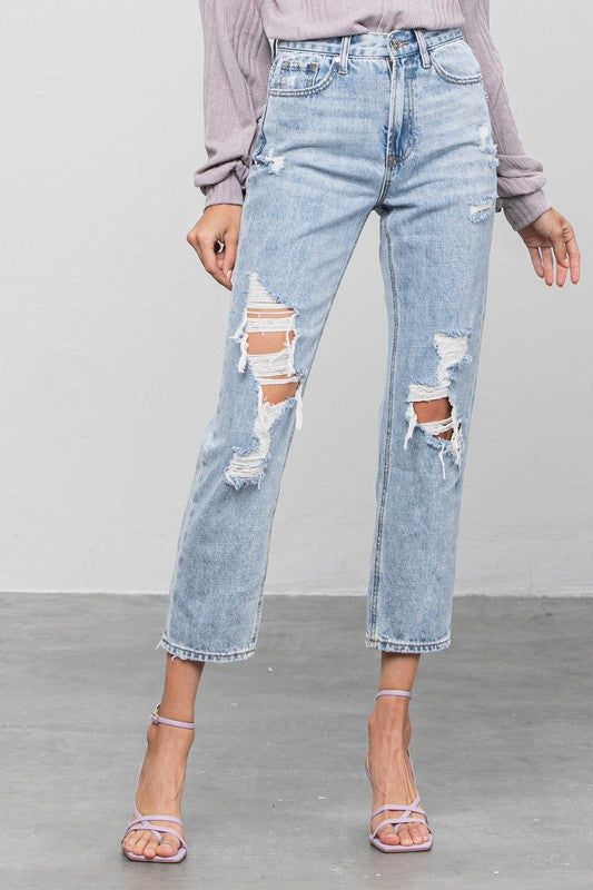 High Rise Thigh  Ripped Girlfriend Capri Jean Pants