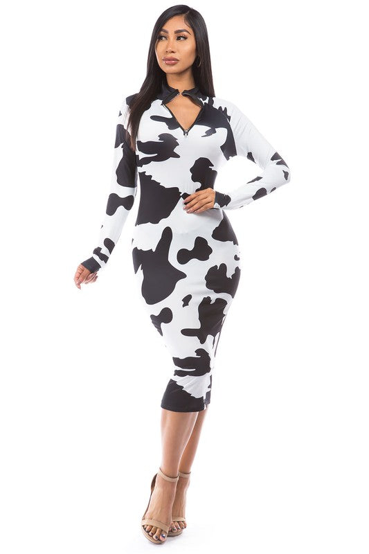 Black and White Cow Print Long Sleeve V Neck Midi Dress