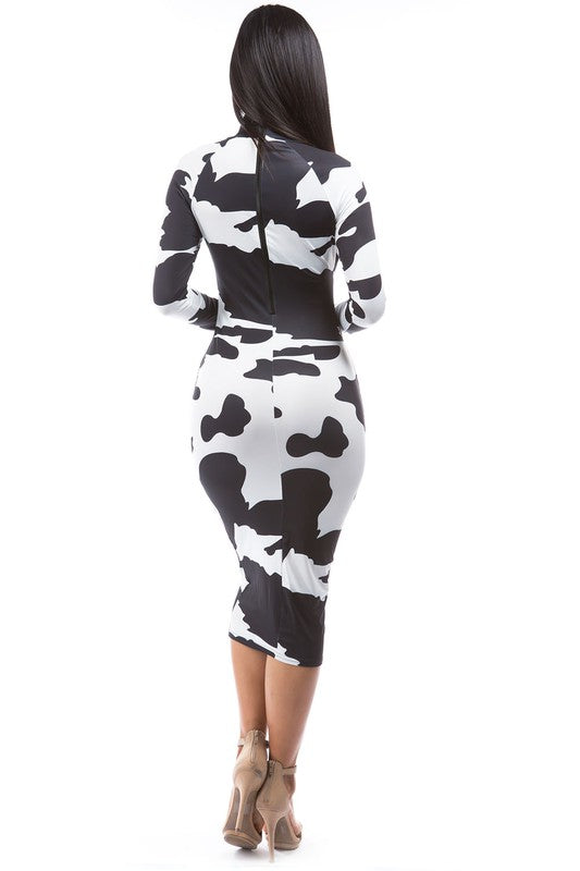 Black and White Cow Print Long Sleeve V Neck Midi Dress