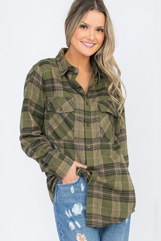 Women Button Up Plaid Long Sleeve Collard Shirt