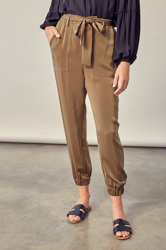 Satin Casual Pants with Belt