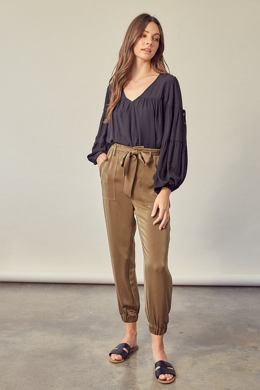 Satin Casual Pants with Belt