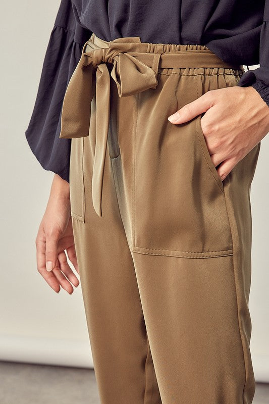 Satin Casual Pants with Belt