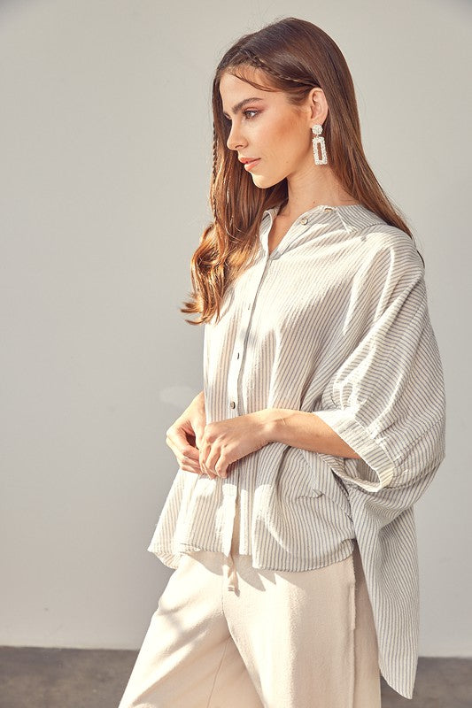 Oversized High Low Hem Button Up Blouse