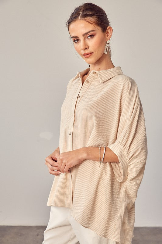 Oversized High Low Hem Button Up Blouse