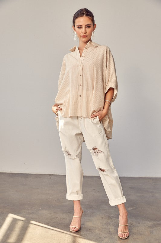 Oversized High Low Hem Button Up Blouse