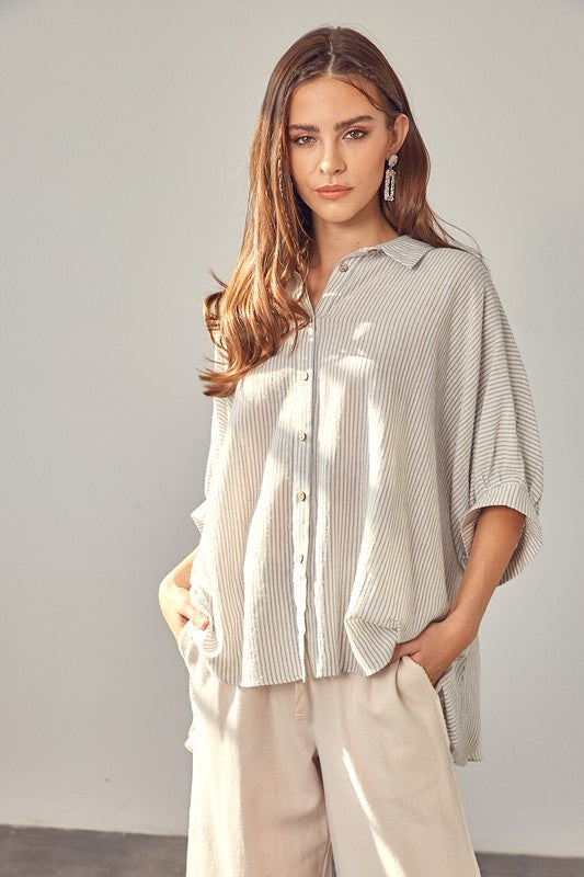 Oversized High Low Hem Button Up Blouse