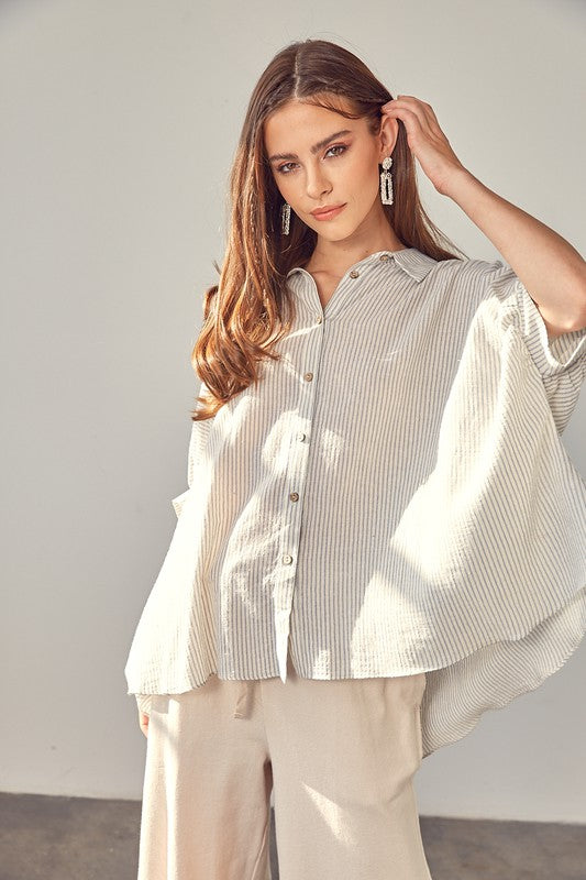 Oversized High Low Hem Button Up Blouse