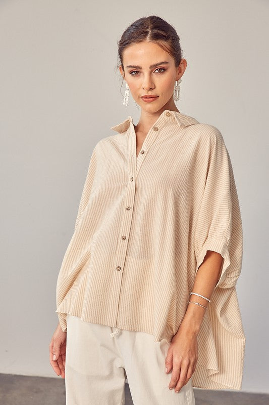 Oversized High Low Hem Button Up Blouse