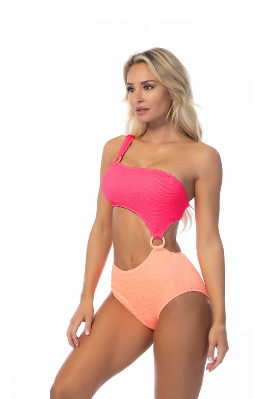 Textured Two Tone One Piece Swimsuit