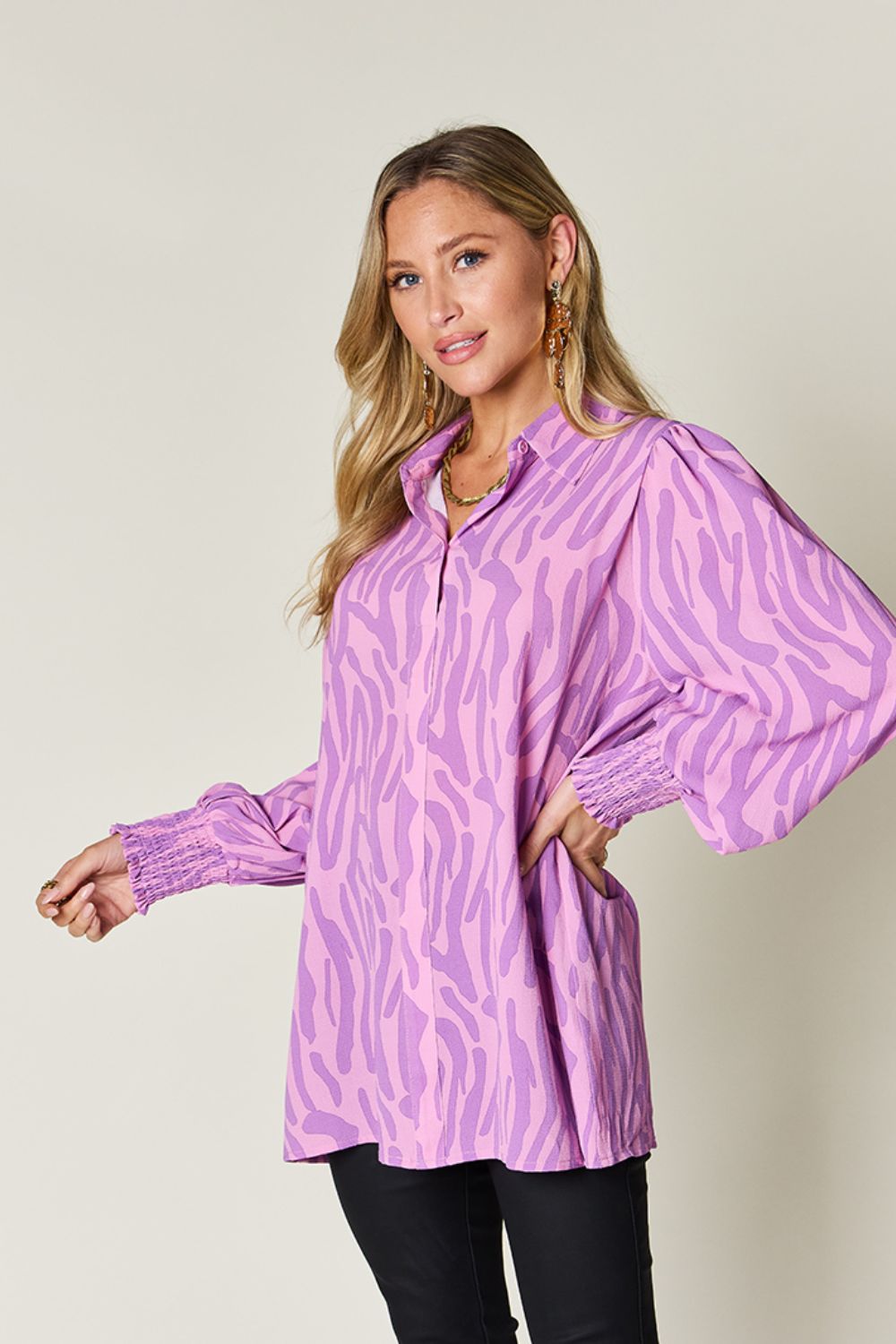 Printed Smocked Hem Long Sleeve Button Up Blouse