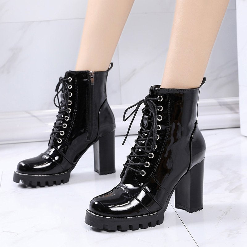 High-Heel Round Toe Thick-Heeled Platform Lace-Up Ankle Patent Leather Boots