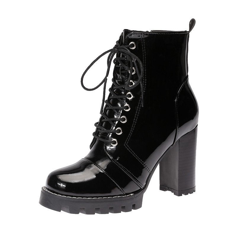 High-Heel Round Toe Thick-Heeled Platform Lace-Up Ankle Patent Leather Boots