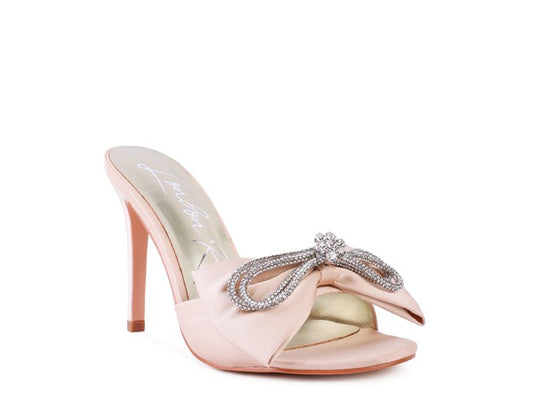 Crystal Bow on Satin High Heel Slide In  Sandals