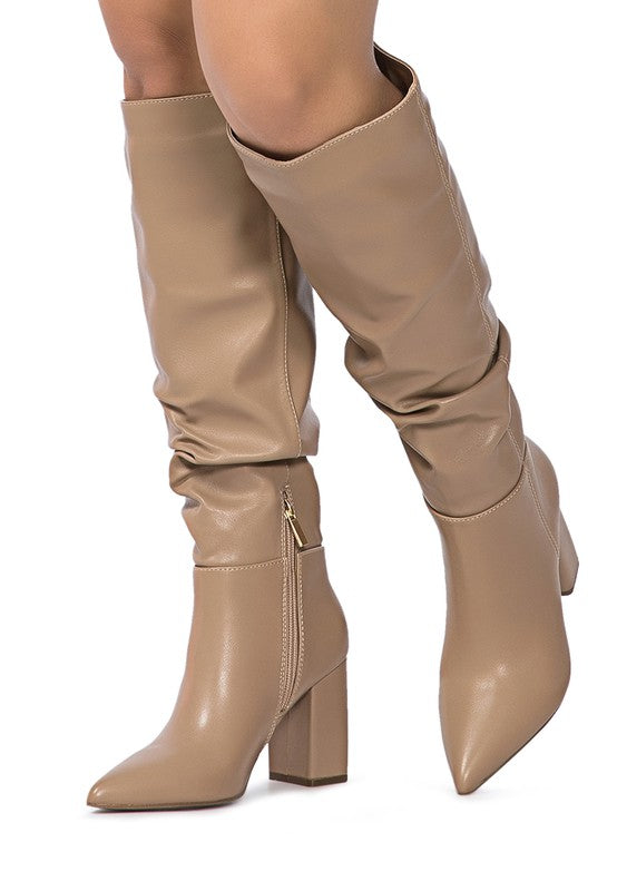 Hanoi Knee High Pointy Toe Block Heel Slouch Boots