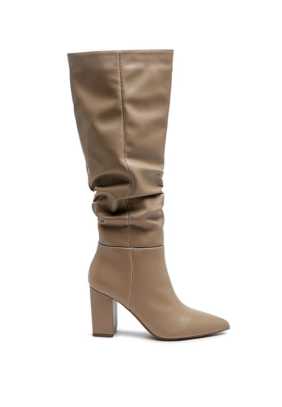 Hanoi Knee High Pointy Toe Block Heel Slouch Boots