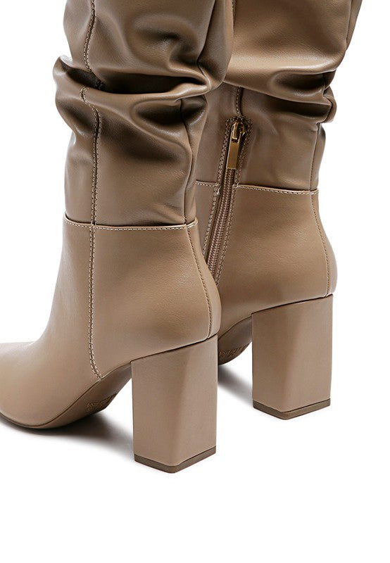 Hanoi Knee High Pointy Toe Block Heel Slouch Boots