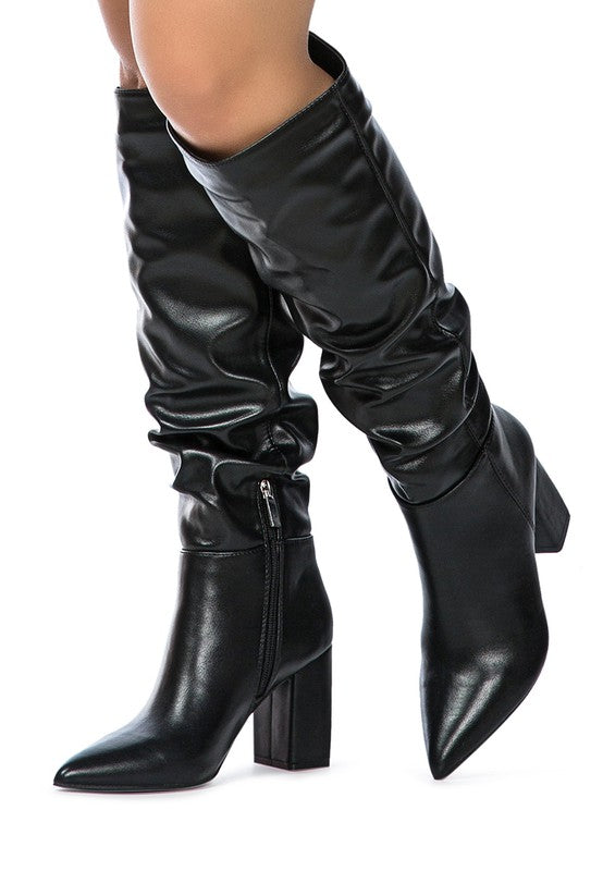 Hanoi Knee High Pointy Toe Block Heel Slouch Boots