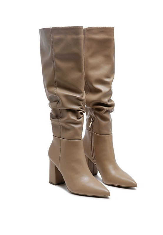 Hanoi Knee High Pointy Toe Block Heel Slouch Boots