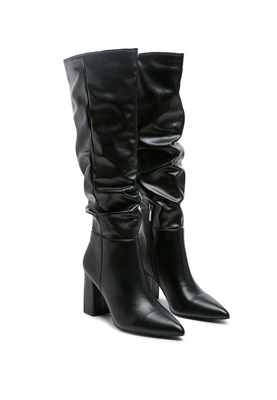 Hanoi Knee High Pointy Toe Block Heel Slouch Boots