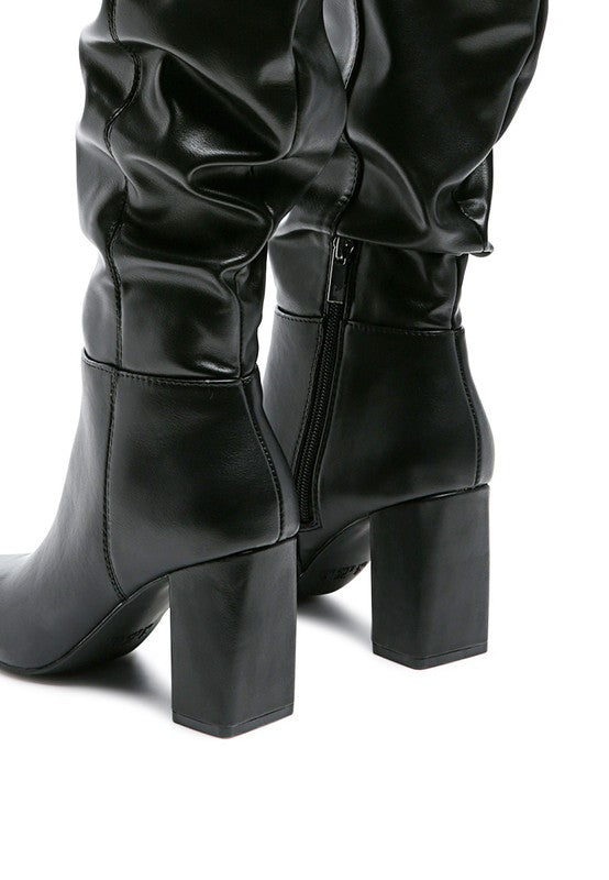 Hanoi Knee High Pointy Toe Block Heel Slouch Boots