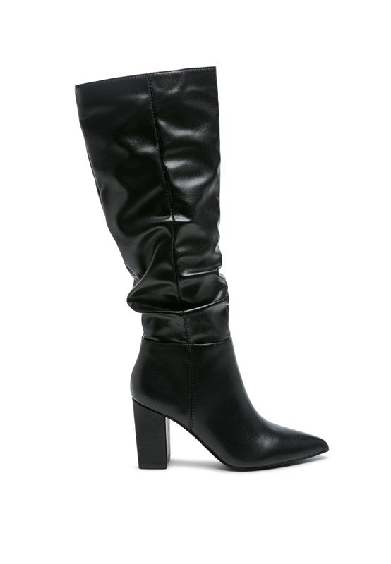 Hanoi Knee High Pointy Toe Block Heel Slouch Boots