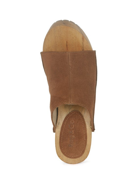 Wooden Jarrah Suede Peep Toe Clogs