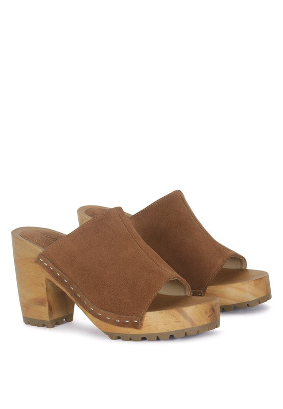 Wooden Jarrah Suede Peep Toe Clogs