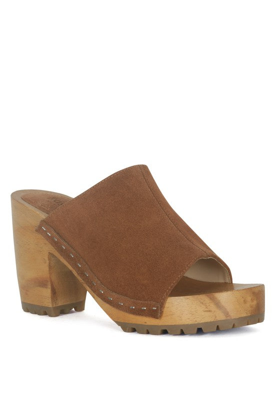 Wooden Jarrah Suede Peep Toe Clogs