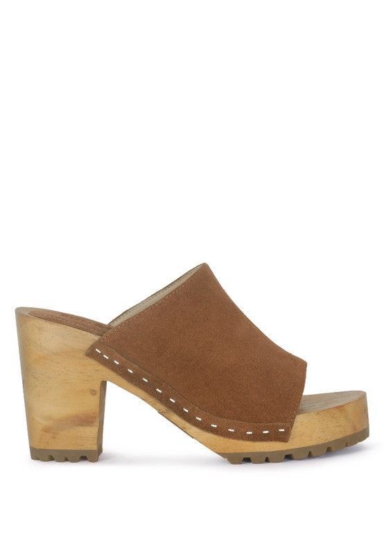 Wooden Jarrah Suede Peep Toe Clogs