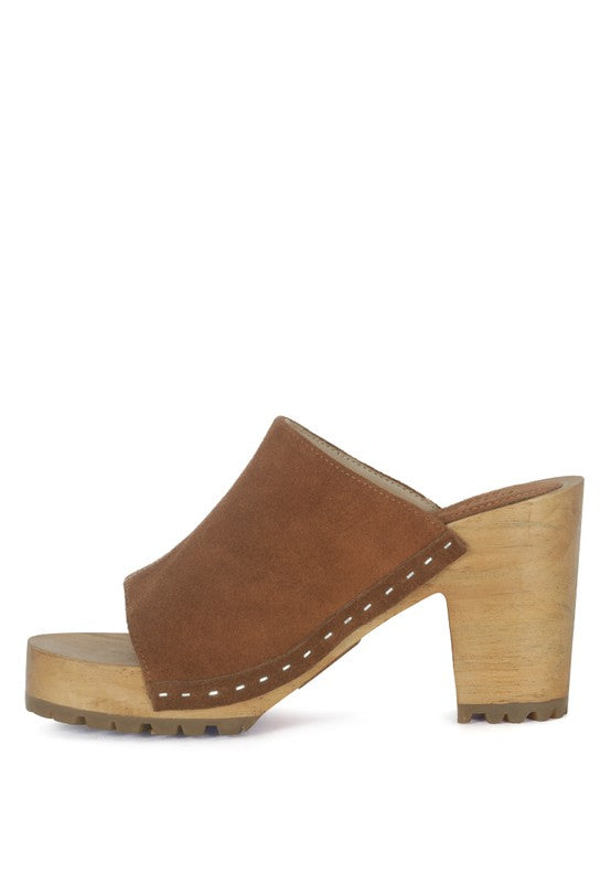 Wooden Jarrah Suede Peep Toe Clogs