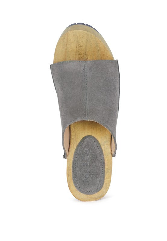 Wooden Jarrah Suede Peep Toe Clogs