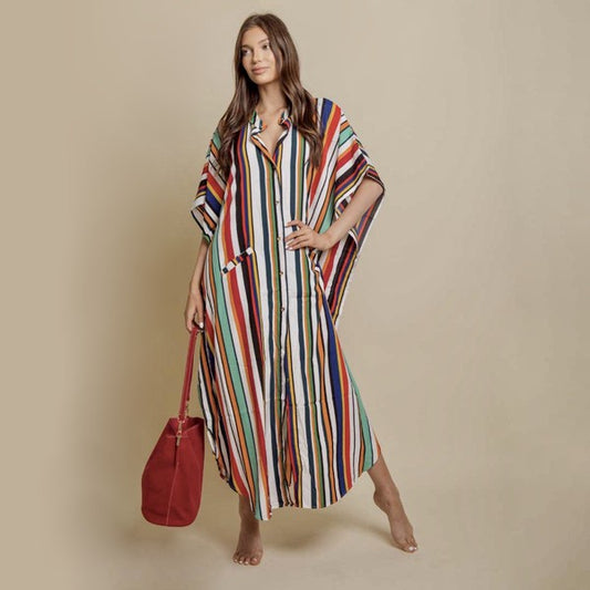 Stripe Short Sleeve Shirt Dress Buttons Maxi Dress