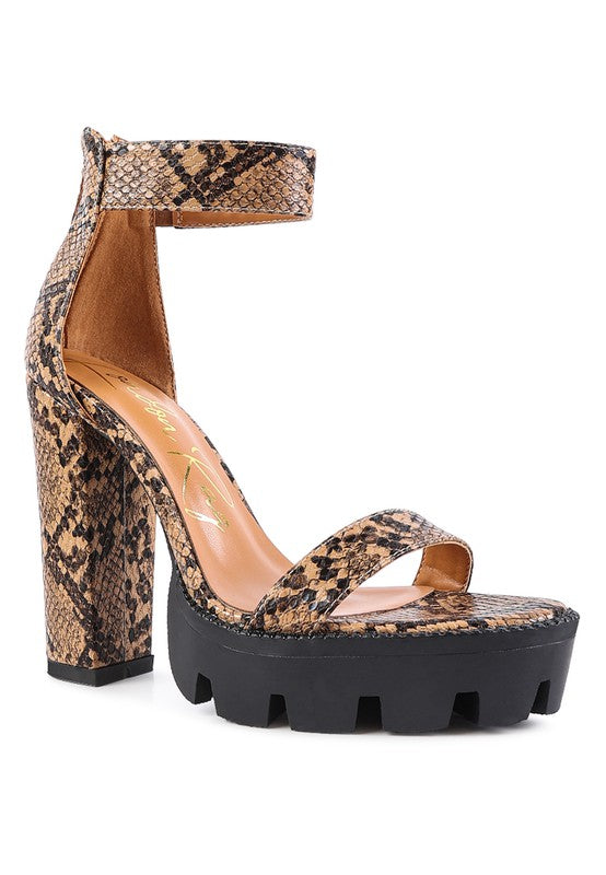 Snakeskin Print High Chunky Heel Block Sandals