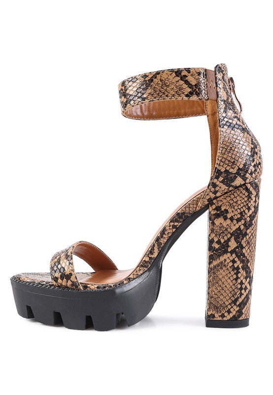 Snakeskin Print High Chunky Heel Block Sandals