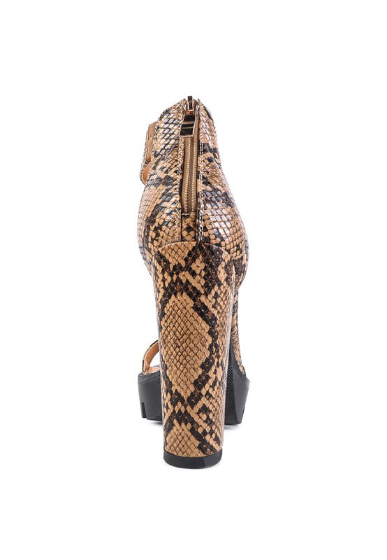 Snakeskin Print High Chunky Heel Block Sandals