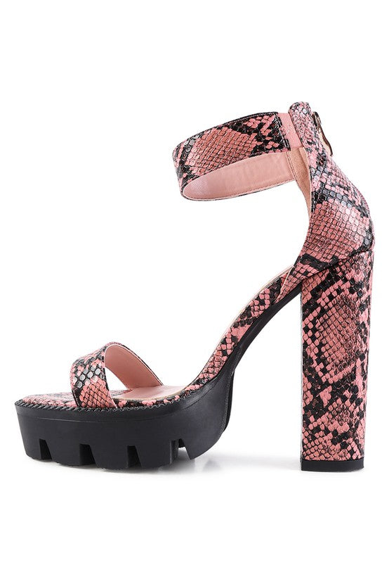 Snakeskin Print High Chunky Heel Block Sandals