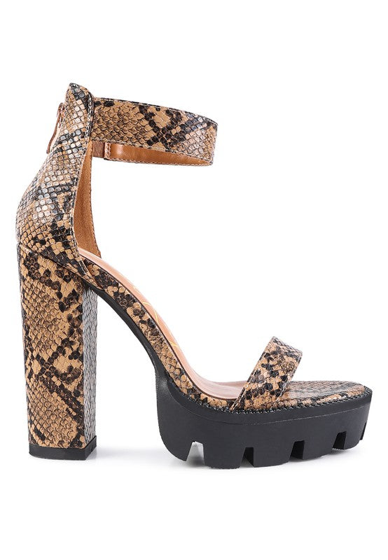 Snakeskin Print High Chunky Heel Block Sandals