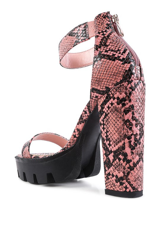 Snakeskin Print High Chunky Heel Block Sandals