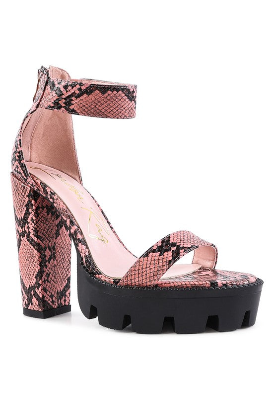 Snakeskin Print High Chunky Heel Block Sandals