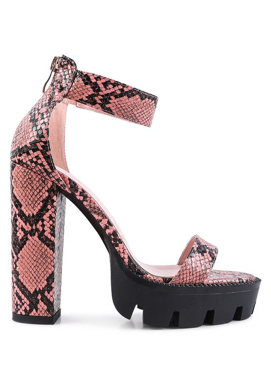 Snakeskin Print High Chunky Heel Block Sandals